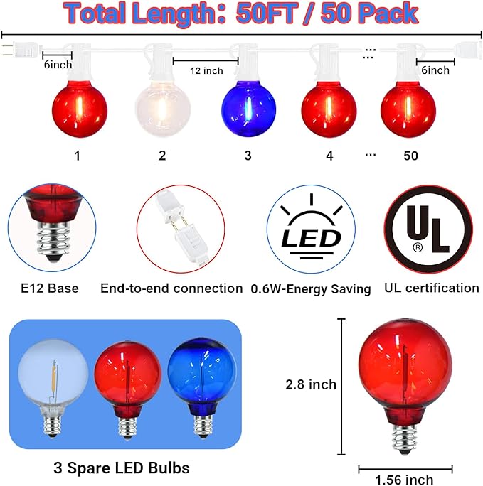 50FT G40 Red White and Blue Lights, 4th of July Decorations Lights Plug in with 50+3 LED Bulbs, Patriotic Decor Indoor Outdoor String Light for Party Patio Garden Bistro Independence Day Memorial Day