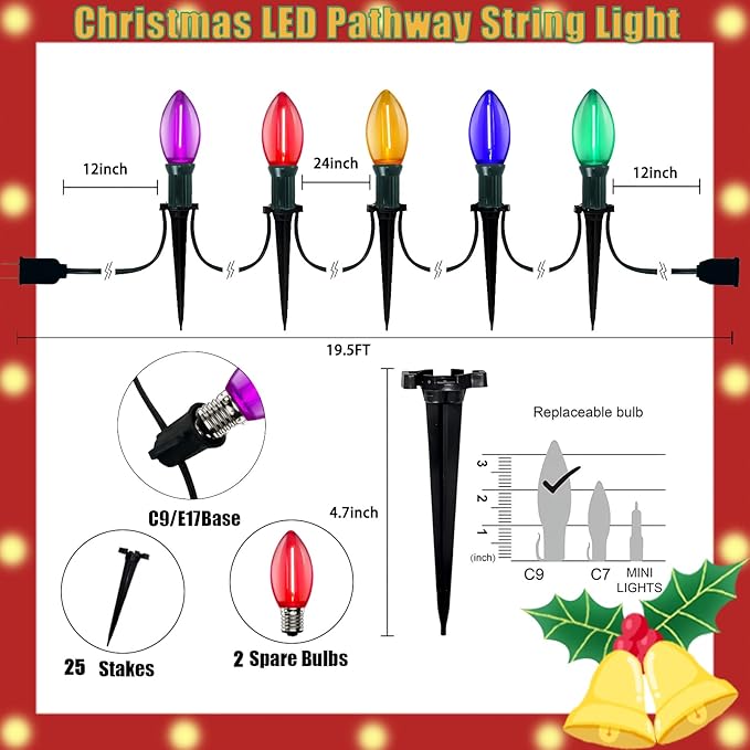 C9 LED Christmas Pathway Lights Outdoor, 38Ft 25 LED Multicolor Marker Stakes, Connectable Walkway UL Listed for Yard Lawn Sidewalk Driveway Christmas Decorations