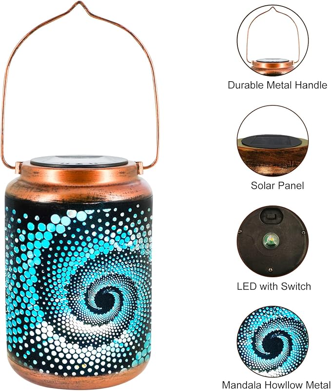 Solar Lanterns Outdoor Hanging Lantern Metal Waterproof LED Lantern with Solar Powered Garden Patio Decorations Decor Lantern with Handle Christmas Gift Idea