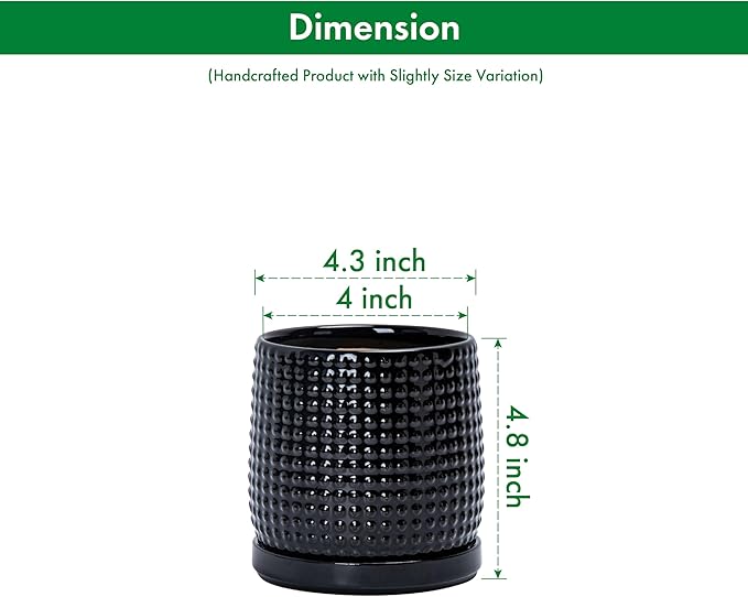 D'vine Dev Set of 2 Ceramic Plants Pots, 4 Inch Beaded Stoneware Flower Pot for Plants with Drainage Hole and Saucer, Glossy Black, 27-E-Z-2