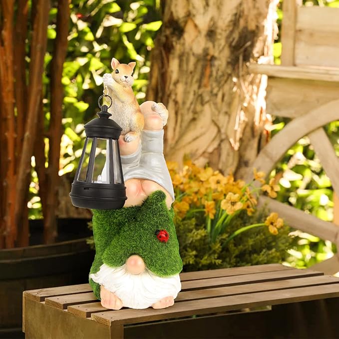 Garden Gnome with Squirrel Outdoor Statue,Flocked Gnome Statue Holding Lantern with Solar Lights,Outdoor Gnomes Decorations for Yard Patio Lawn Porch,Gifts for Mom