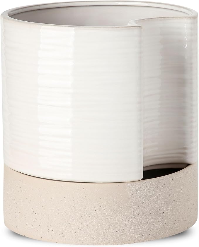 Nihow Self Watering Plant Pot: 8 Inch Ceramic Planter with Drainage Hole & Water Storage Plus for Indoor & Outdoor Plants - Cylinder Round Flower Pot for Succulent/Herbs/Violets - Cream White & Brown