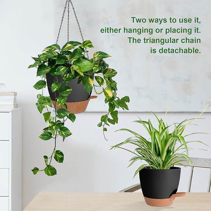 3 Pack Hanging Planter Indoor Outdoor Flower Pots 7/6.5/5 Inch, Self-Watering Hanging Pot with Drainage Holes Hanging Baskets Holder Plant Pots for Garden (Black)