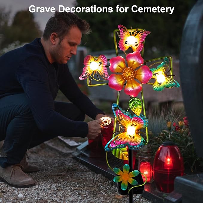 Solar Cross Garden Lights, Solar Butterfly Stake Lights Cemetery Decorations for Grave, Jesus Cross Sympathy Memorial Gifts for Mother Grandma, Metal Garden Art for Yard Lawn Patio Decor