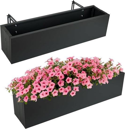 2 Pack Metal Railing Planter Box, 30 Inch Balcony Planters with Adjustable Brackets, Large Hanging Planters for Outdoor Fence Deck