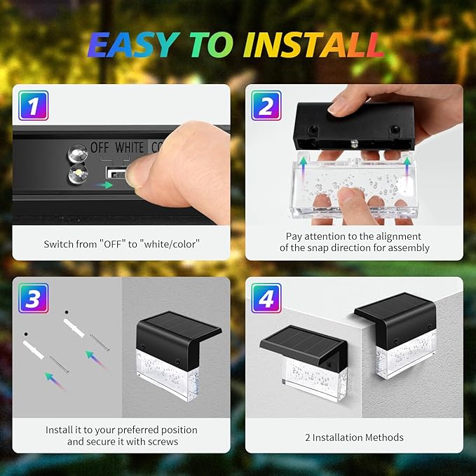 SUNFACE 8 Pack Solar Step Lights, 2 Modes - Acrylic Bubbles LED Super Bright Waterproof Solar Deck Fence Step Pool Backyard Decor (Warm White/7 Color)