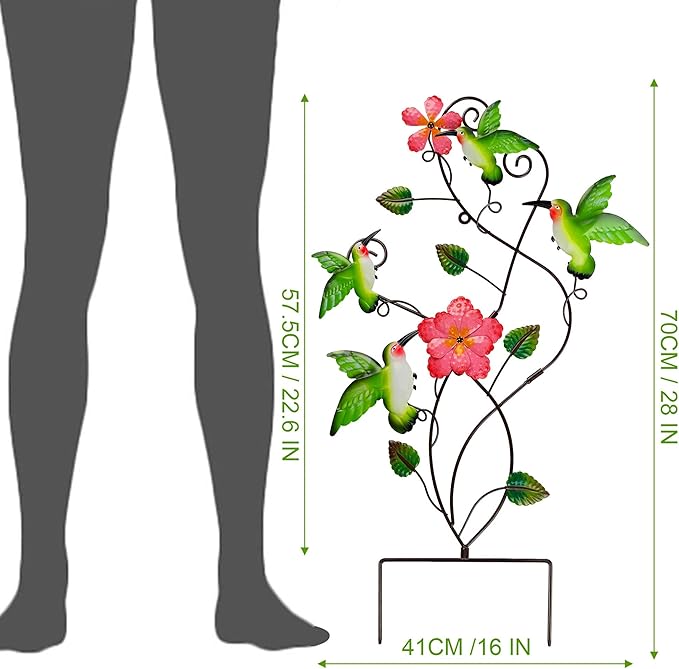 Juegoal 28 Inch Hummingbirds Garden Stake Decor, Colorful Look & Personalities Flowers Metal Wall Art Spring Decoration, Yard Outdoor Lawn Pathway Patio Ornaments