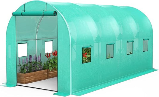 Compact Greenhouse Kit 7'x15'x7' with Galvanized Frame, 140G Green PE Cover, 1 Door & 8 Windows for Outdoor Gardening