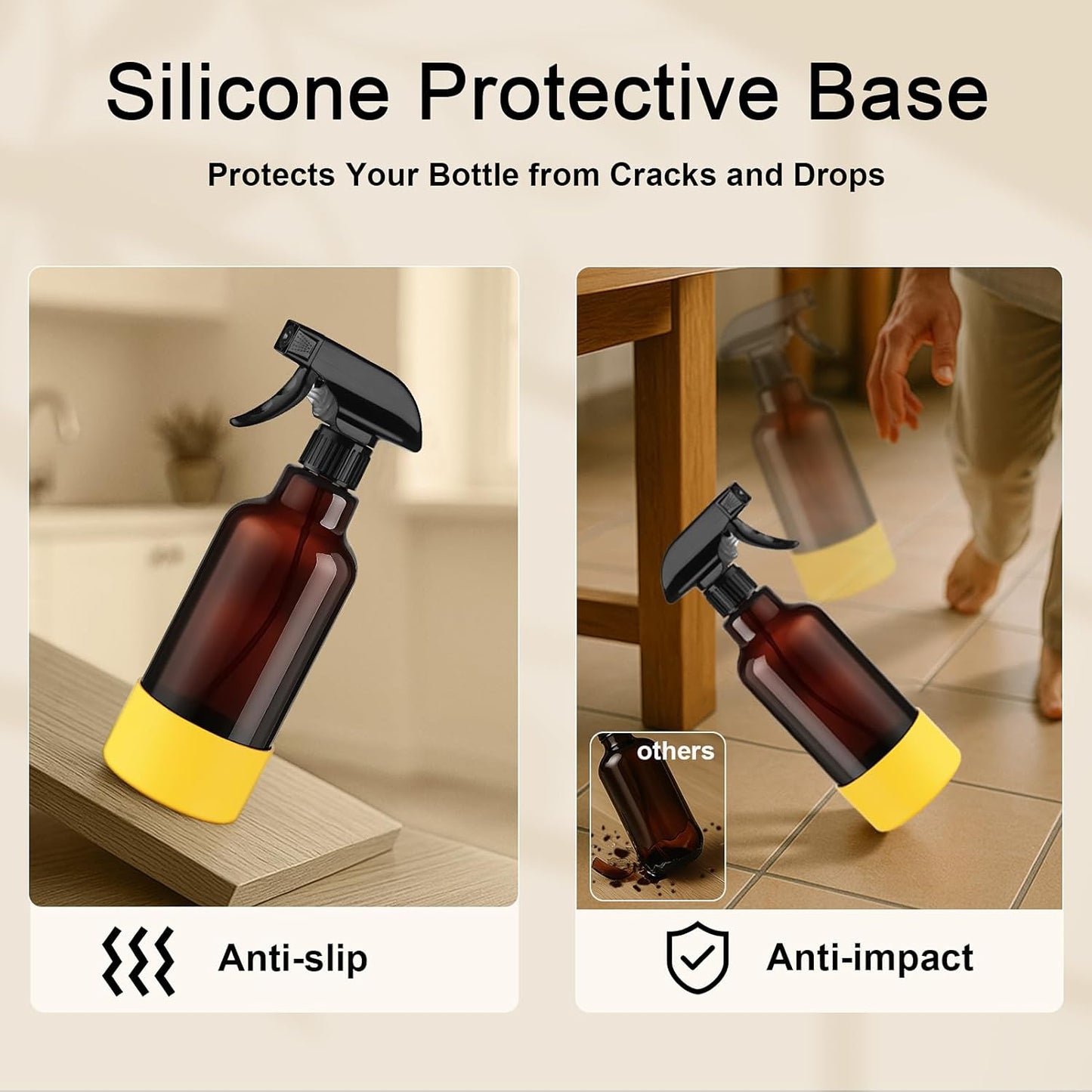 Glass Spray Bottles with Silicone Sleeve 16.9oz 2 Pack Empty Spray Bottle for Hair Mist/Stream Spraying for Cleaning Solutions, Plants, Essential Oils (Brown-grey&yellow)