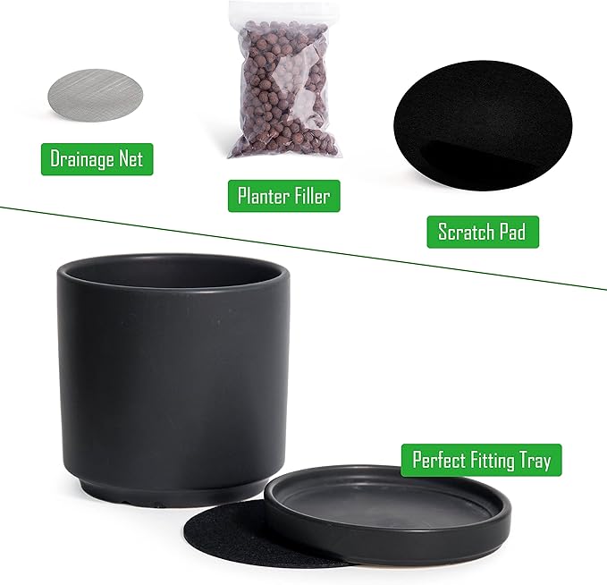 D'vine Dev 4.6 Inch & 6 Inch Ceramic Planter Pots for Plants with Drainage Hole and Saucer, Small Plant Pots Set, Black, 94-G-S-2