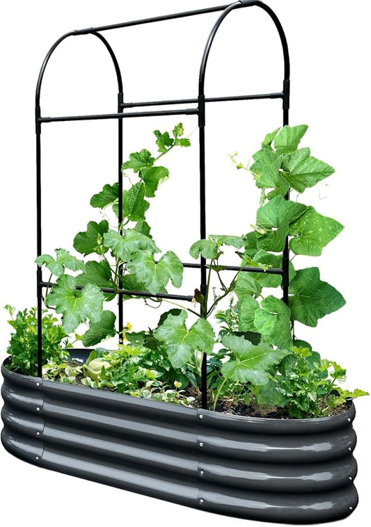 KING BIRD Raised Garden Bed with Arched Trellis Galvanized Planter Garden Box Outdoor for Gardening, Climbing Vegetables, Flowers 3.94x1.97x0.98 Ft, Dark Grey