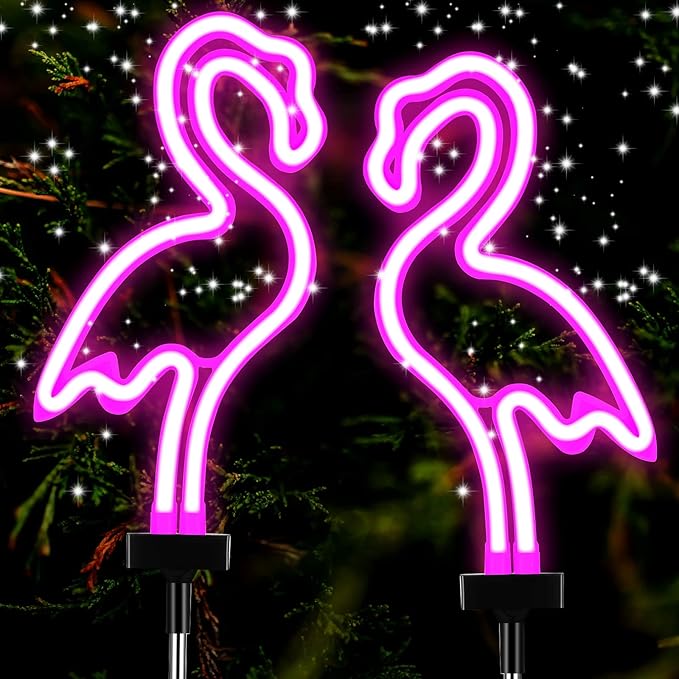 Hortsun Flamingo Solar Lights Outdoor Neon Light Yard Pink Flamingo Waterproof Decorations for Garden Patio Yard Pathway Decoration(2 Pack)