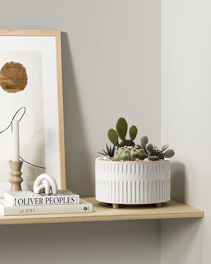 LE TAUCI Succulent Pots, 6.5+8 Inch Ceramic Indoor Plant Pot with Drainage Hole, Modern Round Decorative Flower Pot, Set of 2, Reactive Glaze White