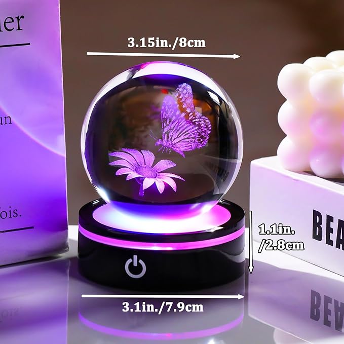 YWHL 3D Crystal Ball Butterfly and Flower Figurine with Colorful LED Base, Laser Butterfly Gifts for Women Men on Christmas Birthday, Crystal Ball Butterfly Decor Night Light for Home Decor (80mm)