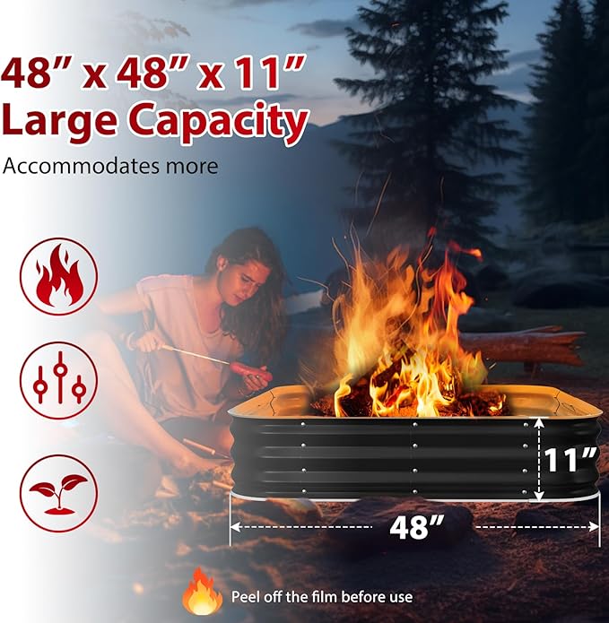 Fire Pit 48 Inch, Square Galvanized Steel Fire Pit for Outside, Heavy Duty Steel Fire Pit In-Ground for Backyard, Camping, Bonfire, Flower Raised Garden Bed for Garden, 11 Inch High