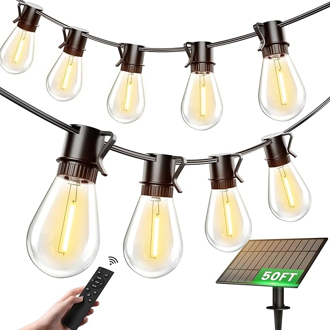 Torkase 50FT Solar Patio Lights Outdoor 15+1 Shatterproof LED Bulbs USB Rechargeable Waterproof Remote Control for Garden Porch Deck Camping