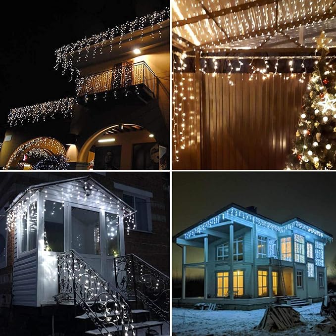 YASENN 300Led Icicle Style String Lights 29.5FT,Update Connectable 8 Lighting Modes with Timer Icicle Lights for Home Garden Outdoor Indoor Eave Decor (Cool White LED White Cable)