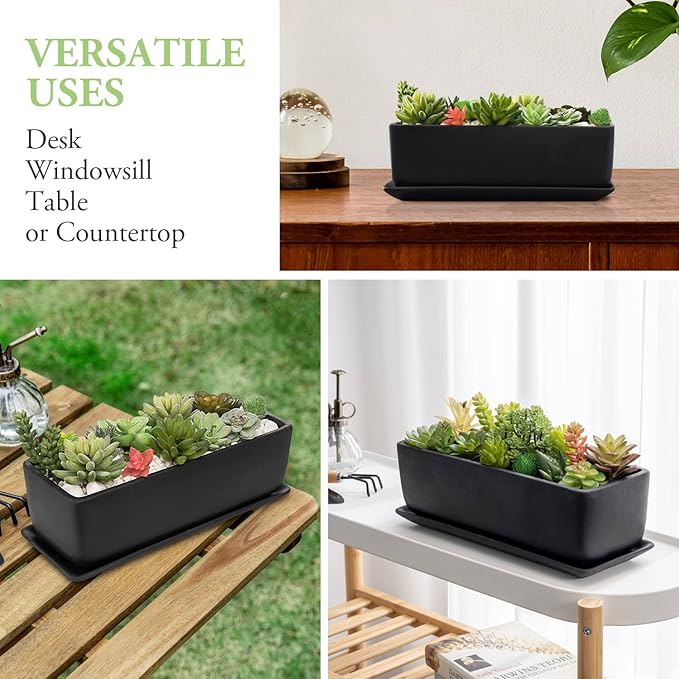 MyGift 14 Inch Matte Black Ceramic Indoor Plant Pot Succulent Planter, Decorative Flower Planter with Drainage Hole and Removable Tray