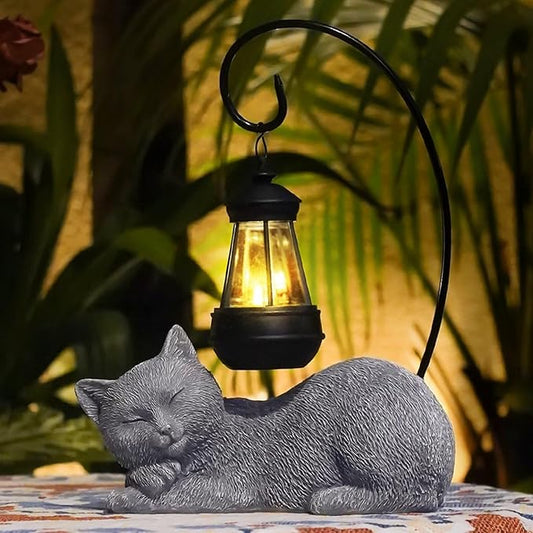 Solar Cat Outdoor Statues for Garden: Resin Cat Outside Decor with Solar Lantern Clearance for Yard Art, Cat Figurine Lawn Ornaments Porch Patio Balcony Home House - Birthday Gifts for Grandma Mom