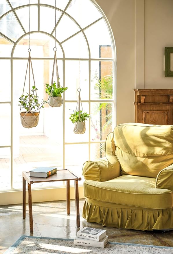 Dahey Macrame Plant Hanger Set of 3 with Hooks Indoor Hanging Planter Basket 35"/29"/23" Handmade Woven Cotton Rope Flower Pot Crochet Plant Holder Stand for Boho Home Decor No Tassels,Beige