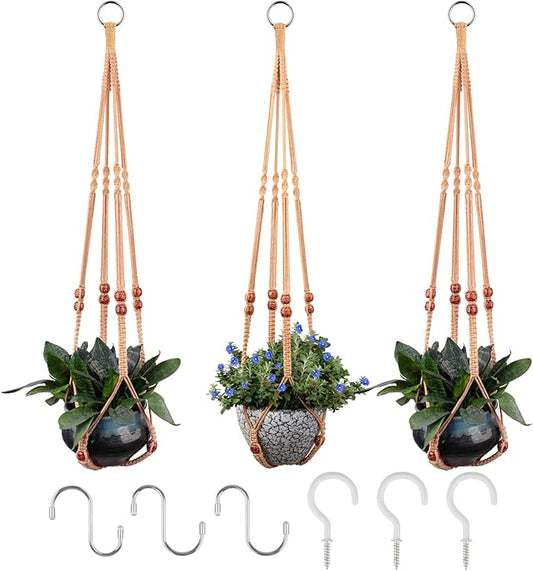 RIFNY Macrame Plant Hanger for 5 to 10 Inch Plant Pots, 35 Inch Woven Rope Hanger Kits with Hooks and Wood Beads, Hanging Planter Basket for Indoor Boho Home Decor (Brown, 3 Pack)
