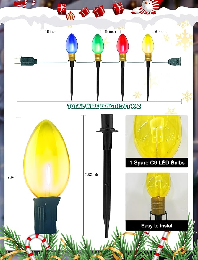 Jumbo C9 Christmas Pathway Lights Outdoor, 2Pk Total 14Ft Outdoor Christmas Decorations with 8 LED Jumbo C9 Clear Multicolor Light Bulbs, Christmas Walkway Lights for Lawn Holiday Yard Garden Sidewalk