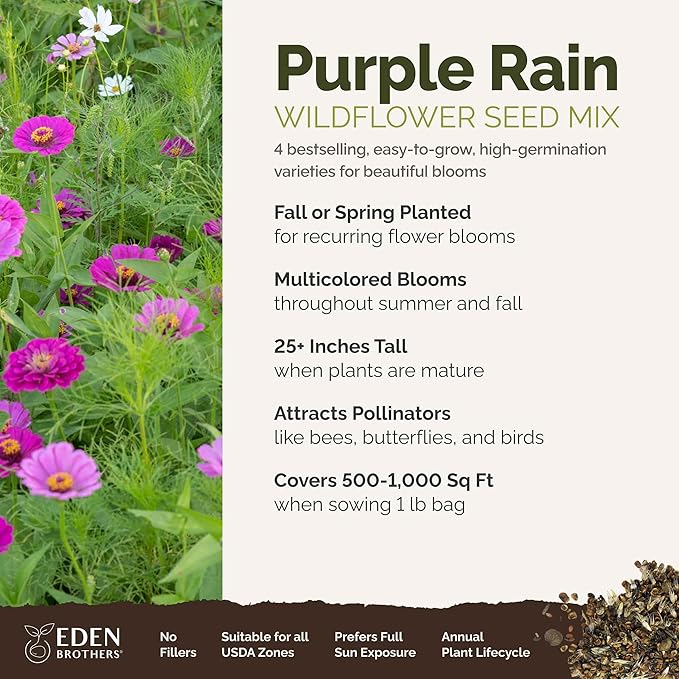 Eden Brothers Purple Rain Flower Mixed Seeds for Planting, 1 lb, 480,000+ Seeds with Zinnia Purple Prince & Violet Queen, Cosmos | Attracts Pollinators, Plant in Spring, Zones 3, 4, 5, 6, 7, 8, 9, 10
