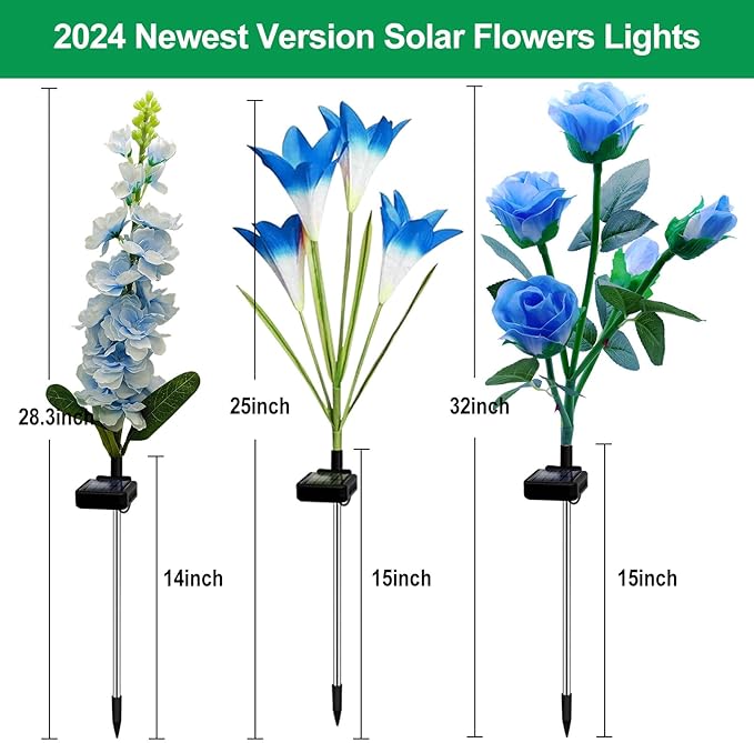 Solar Garden Lights Waterproof, 3 Pack Solar Flowers Lights Includes Lily Rose Delphinium,Gardening Gifts for Mom Grandma Women ,7-Color Changing Outdoor Decor Solar Lights for Garden Yard Patio Lawn