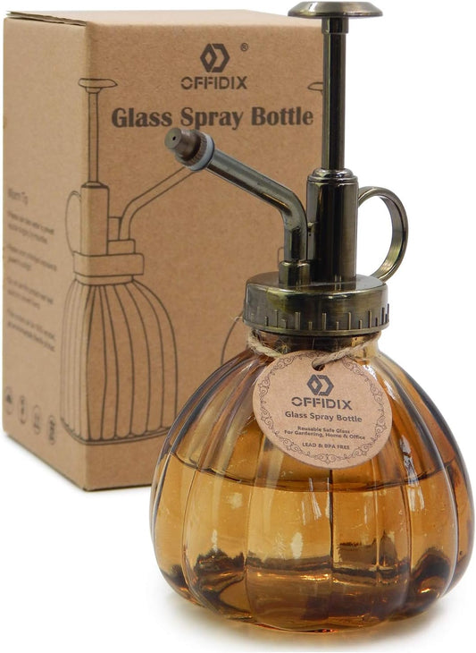 OFFIDIX Glass Watering Spray Bottle,Plant Mister Flower Water Spray Bottle Can Pot 6.3" Tall Vintage Pumpkin Style Spritzer Bronze Plastic Top Pump One Hand Glass Watering Can Indoor(Brown)
