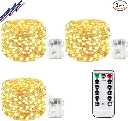3Pack 99Ft 300LED Fairy Lights Battery Operated with Remote, Waterproof String Lights with Timer for Indoor & Outdoor, Twinkle Lights Battery Powered for Bedroom Wedding Christmas Decor (Warm White)