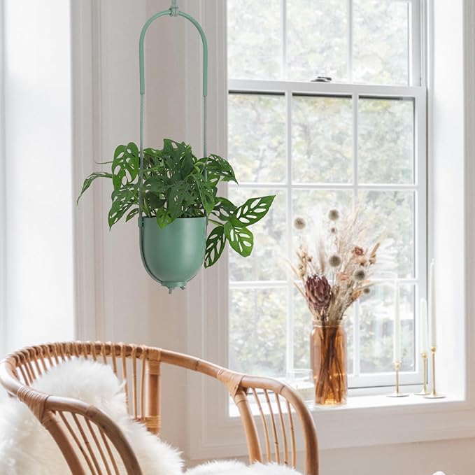 Metal Hanging Planter for Indoor Outdoor Plants Modern Wall and Ceiling Hanging Plant Holder Boho Flower Pot Hanger for Vines Succulents Ferns Room Decor(Green)