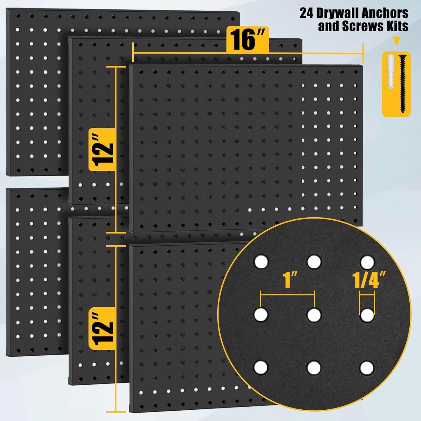 6 Pcs Metal Pegboard Panels, Heavy Duty Peg Boards for Garage and Garden Tool Storage, Includes Drywall Anchors and Screws Kits, Black (6 pcs 16in x 12in)