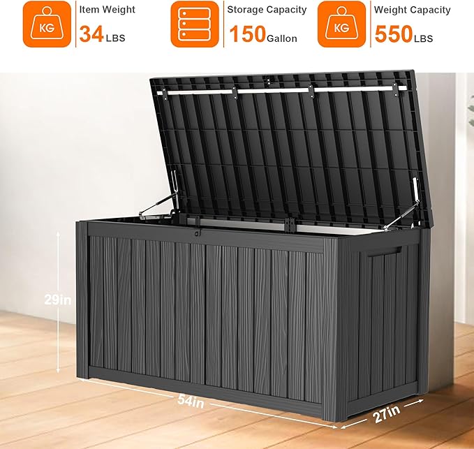 150 Gallon Deck Box,Resin Outdoor Storage Box with Lockable for Patio Furniture, Pool Accessories, Garden Tools Waterproof Outside Storage Box, Black