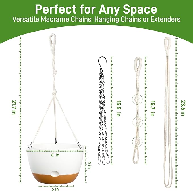 8 Inch Hanging Planters for Indoor & Outdoor Plants (2 Pack) - Self-Watering & Drainage Flower Pots with 2 Kinds of Plant Hangers for Home Decor & Garden (White, 8 in)