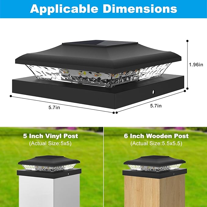 6 Pack Solar Post Cap Light Outdoor Fence Cap Lights 2 Color Modes 24 LEDs for Wooden/Vinyl Post, Waterproof Deck Patio Decoration Fits 5x5, 5.5x5.5 or 6x6 Wooden Posts (3000k/6000k)