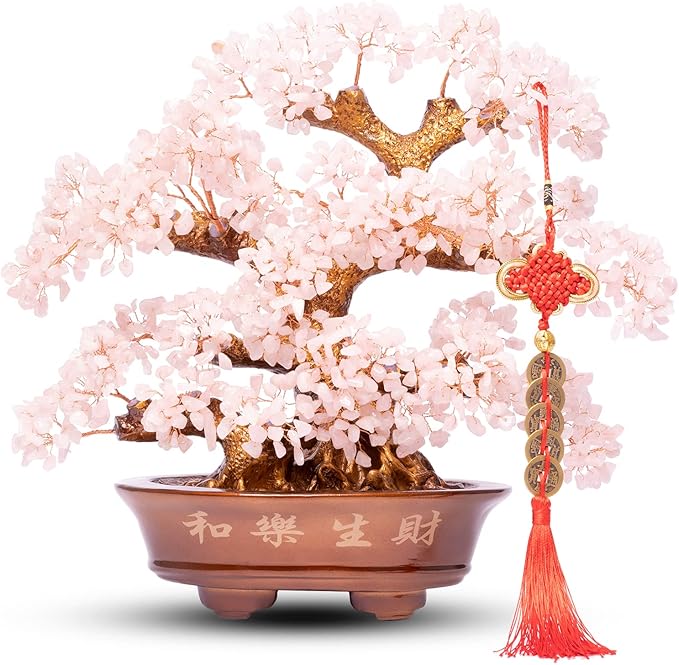 Natural Rose Quartz Tree Large,14" Chakra Crystal Tree(1,251 Gemstone Count) w/Lucky Coins Chain Healing Properties - Bonsai Feng Shui Money Tree for Love Self Care Home Office Decoration