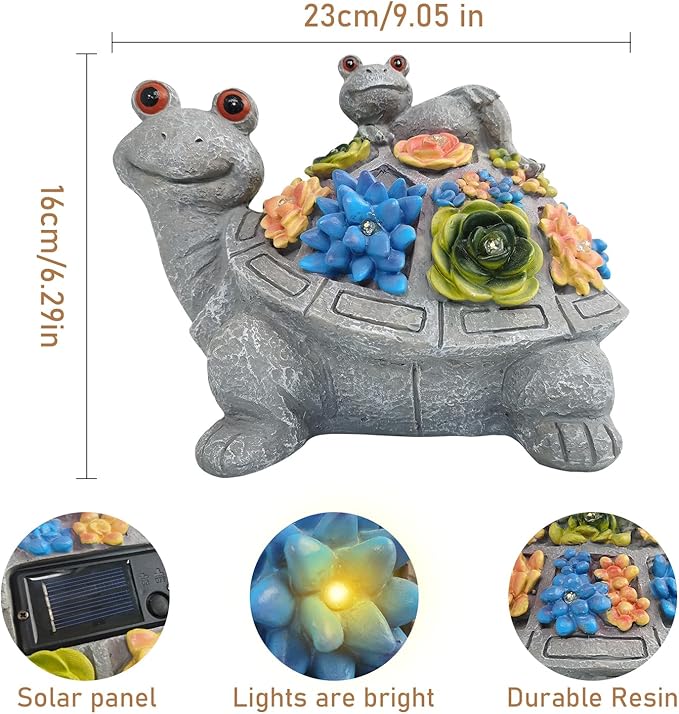 J.CARP Outdoor Solar Garden Turtle Statue with Succulents and 7 LED Lights for Garden, Patio, Lawn, Outdoor Patio and Deck Decorations, Unique Housewarming Gifts