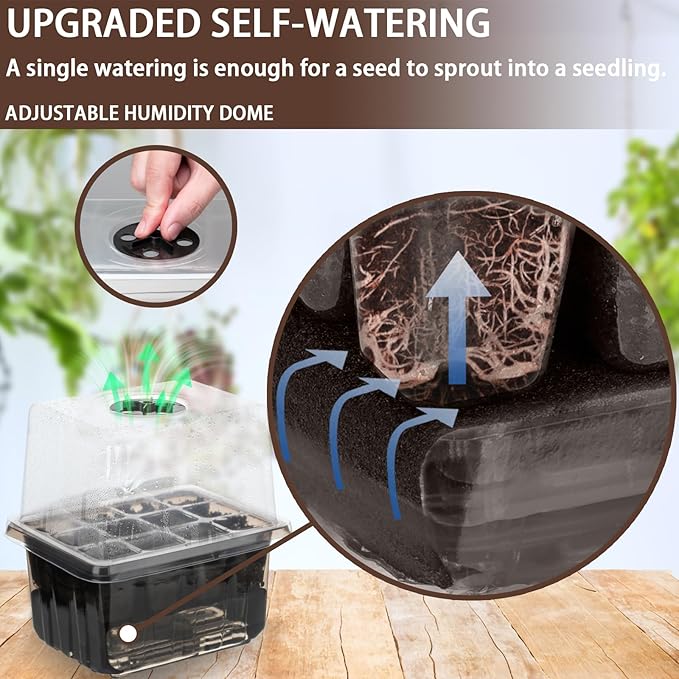 Seed Starter Trays Self-Watering - Kit with Humidity Dome, 5-Pack 60-Cell Plant Seedling Tray,Reusable Germination Trays for Indoor Gardening Seeds Growing Starting
