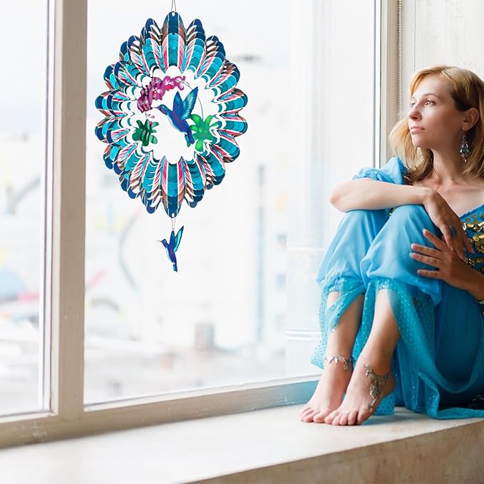 TUOKING Hummingbird Wind Spinners Outdoor Garden Decor 12 Inch 3D Hanging Wind Sculpture Stainless Steel Wind Spinner for Yard and Garden Decoration Worth Gift for Women