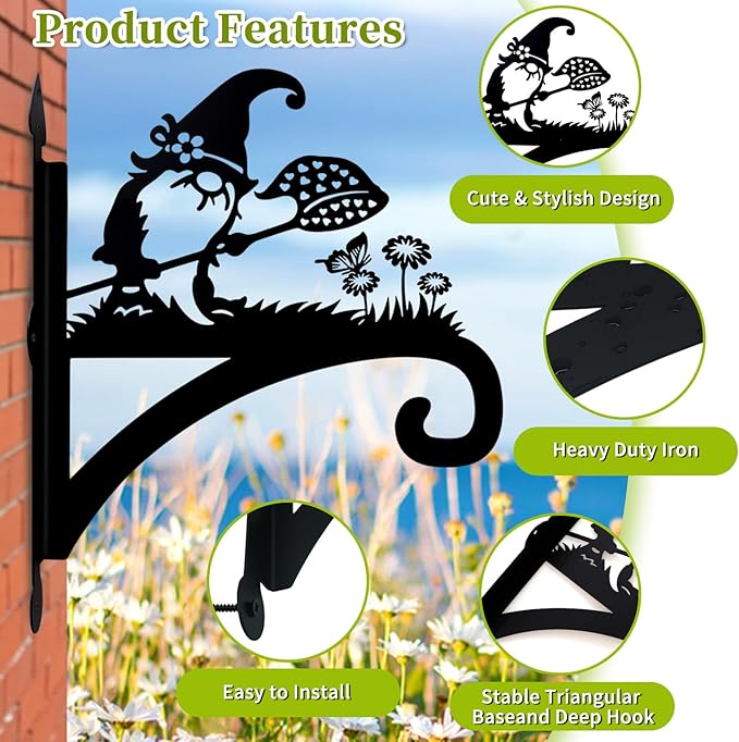 Plant Hangers Outdoor Heavy Duty Iron Decorative Gnome Silhouette Pot Hangers for Plants 11 inch Hanging Plant Bracket Wall Plant Hanger for Bird Feeder Flower Pot Lantern Wind Chimes