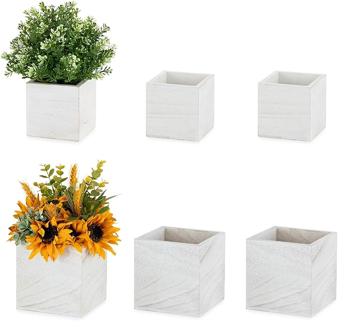NUPTIO Wooden Box for Centerpiece Wedding: 6 Pcs Rustic Square Planter Box FarmhouseTable Fall Decor - 4×4" & 5×5" Whitewashed Small Wood Vases Flower Pots for Windowsill Home Garden