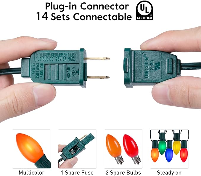 Multicolor C7 LED Christmas Lights Outdoor, 50FT Colorful Christmas String Lights with 50+2 Plastic Bulbs, Traditional Hanging Holiday Lights for Christmas Tree Patio Fence Roofline Xmas Decorations