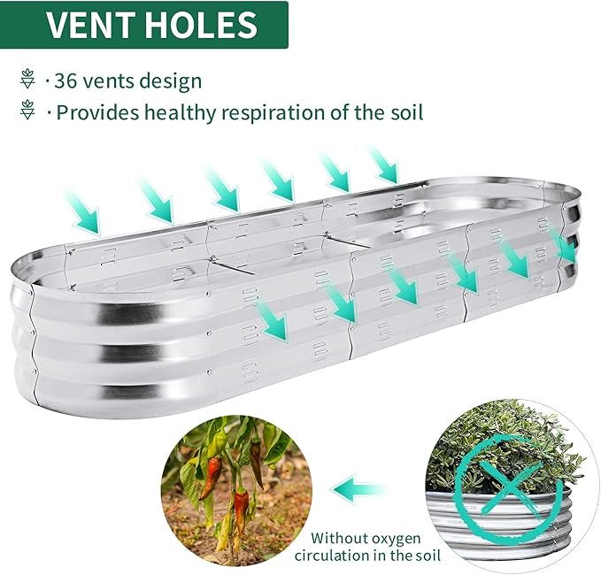 POTEY Galvanized Raised Garden Bed 2Pcs, Metal Planter Boxes Outdoor for Vegetables Flowers Herb, Oval Large Planter Raised Beds Kit with Weed Barrier Fabric and Soil Ventilation Holes (5.7L*1.7W FT)