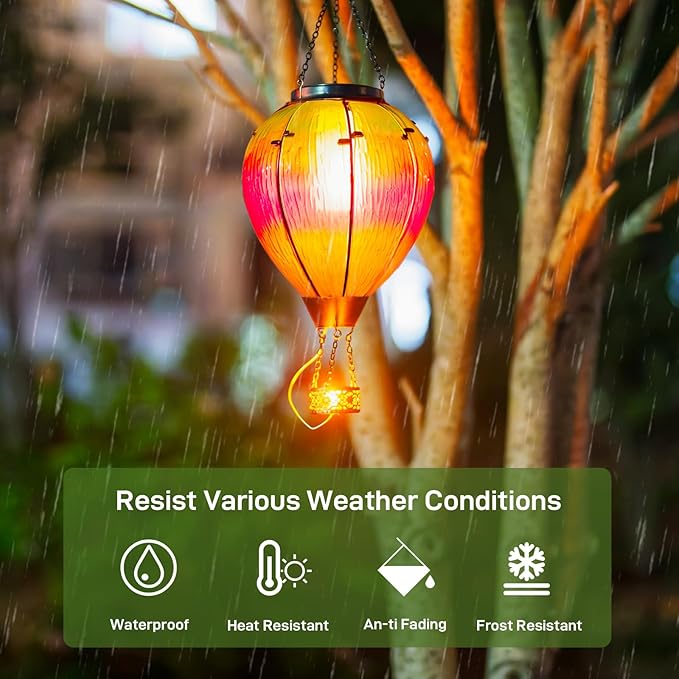 Large Solar Hot Air Balloon Lantern with Flame, Colorful Glass Hanging Balloon Lanterns Outdoor Waterproof Garden Decor for Yard Patio, Birthday Mother's Day Gifts for Women Mom