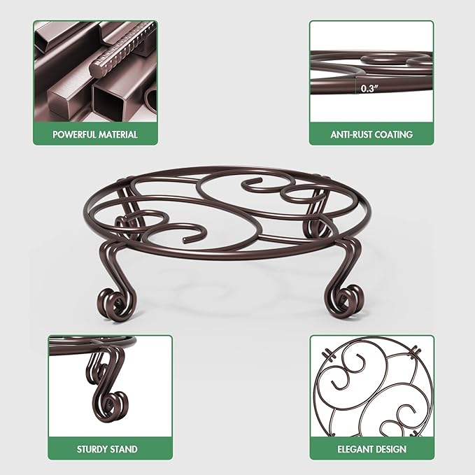 Yimobra 2 Pack Plant Stand for Flower Pot Heavy Duty Potted Holder Indoor Outdoor Metal Rustproof Iron Garden Container Round Supports Rack for Planter Bronze, Brown, 9.4 Inches