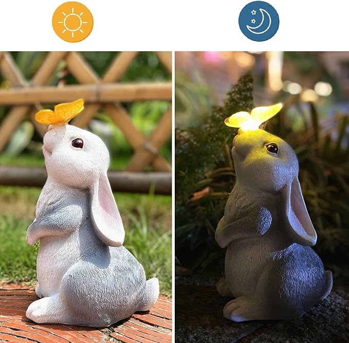 Solar Rabbit Statue Easter Bunny Decor Garden Statue for Outside, Rabbit with Butterfly Patio Sculptures Lawn Ornament, Funny Gifts for Women Mom Grandma Spring Outdoor Decor