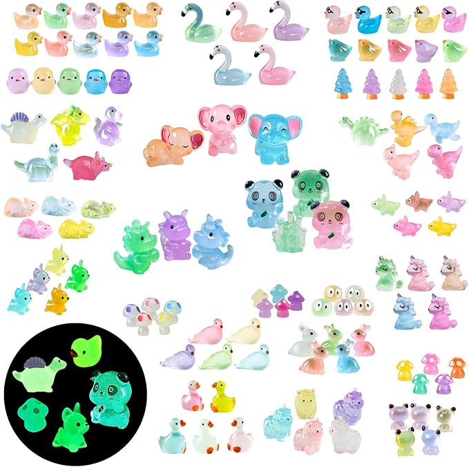 120 Pack Various Luminous Mini Resin Animals, Mini Ducks Dinosaurs Tiny Frogs Pandas Small Mushroom Miniature Figurines Glow in The Dark for DIY Garden Micro Landscape Aquarium Potted Decor