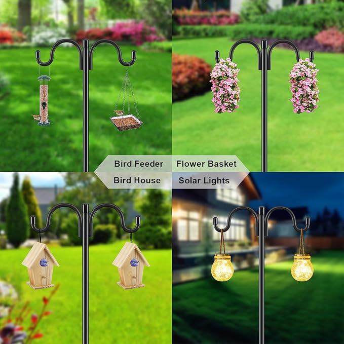 Gtongoko Double Shepherds Hook for Outdoor, 2 Pack 92.5 Inch Heavy Duty Bird Feeder Pole 3/4 Inch Thick Garden Hooks for Hanging Hummingbird Feeder, Plant Baskets, Solar Light Lanterns
