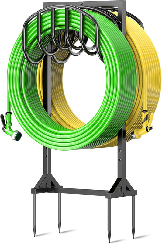 Garden Water Hose Holder Holds 2 * 150Ft Hoses, Heavy-Duty Metal Freestanding Hose Holder with 4 Spikes, Rustproof Garden Hose Reels Hose Hanger Storage for Outside, Yard, Lawn, Farm, Black