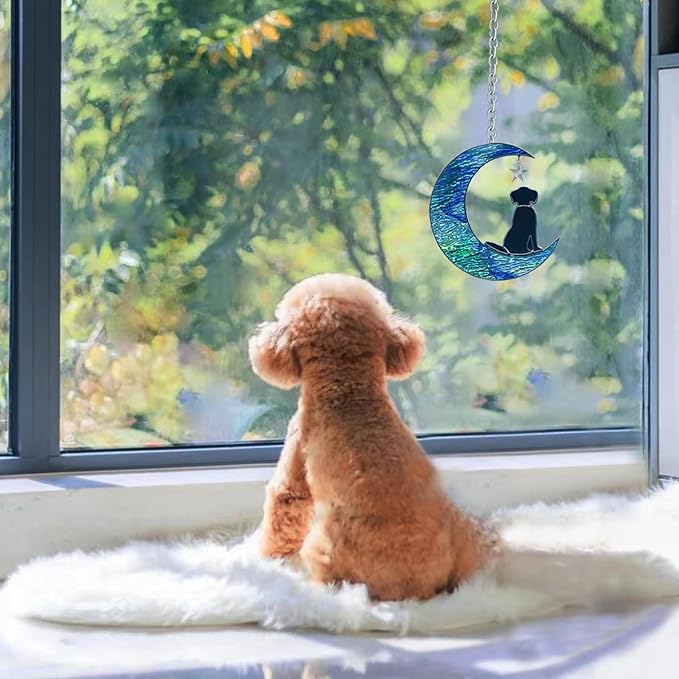 Dog Decor Stained Glass Moon Suncatchers Window Hanging, Wall Art Element Earth Tones Modern Design Home Garden Suncatcher, Dog Lovers for Halloween Decor (Moon Dog)